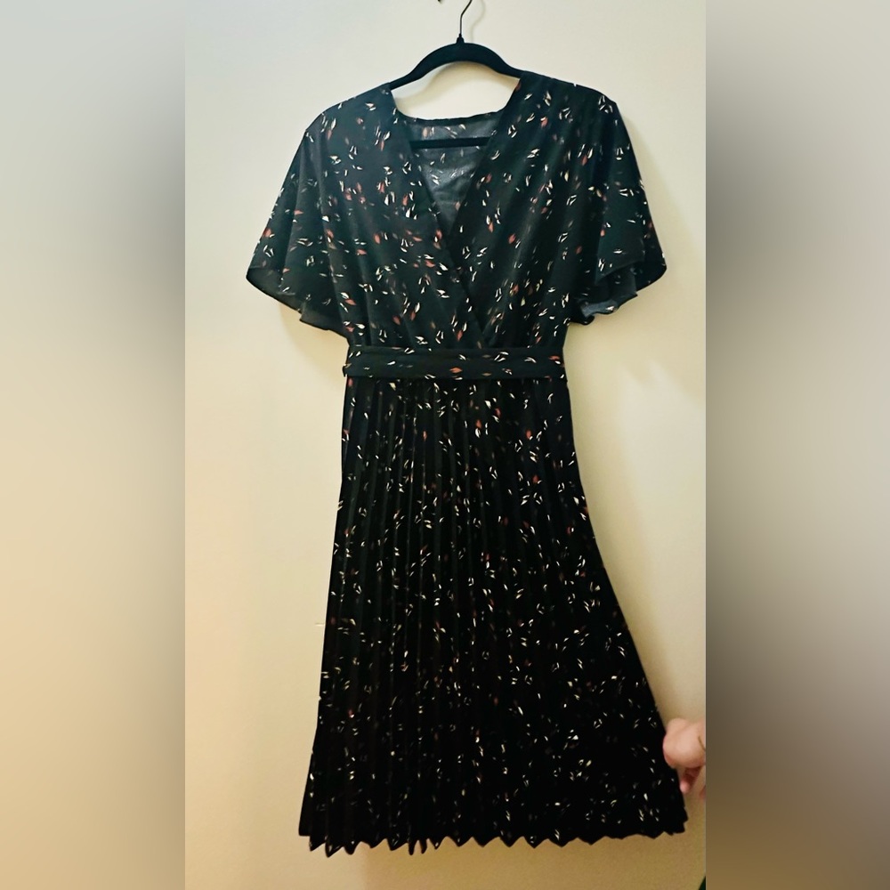 Black midi dress with cream & rust pattern